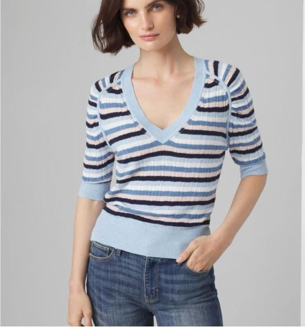 White House Black Market V-Neck Sweater XL Blue Striped Shirred Sleeve Coastal